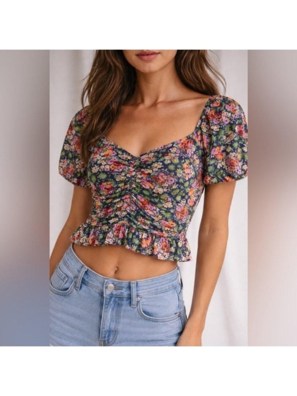 Urban Outfitters Floral Puff Sleeve Ruched Peplum Top XS
